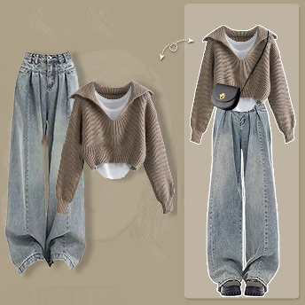 【単品注文】個性的なデザイン ビックシルエット 無地 タンクトップ＋ｖネック セーター＋デニム パンツ 3点セット