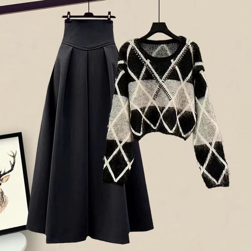 「単品注文」 ファッション 切り替え セーター + ハイウエスト Aライン ギャザー スカート2点セットアップ