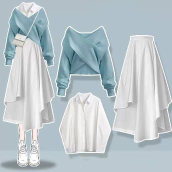 【単品注文】ファッション 春 シャツ + ギャザー セーター + 無地 スカート ワンピースセット