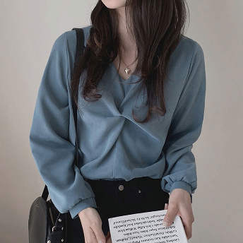 柔らかくて優しい印象 韓国風ファッション 無地 痩せ効果 シンプル  Vネック シャツ  ブラウス