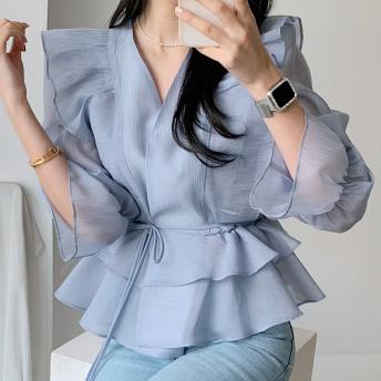 女性大人気 韓国系 ファッション 無地 Vネック フレア袖 ボウタイ 春 シャツ  ブラウス