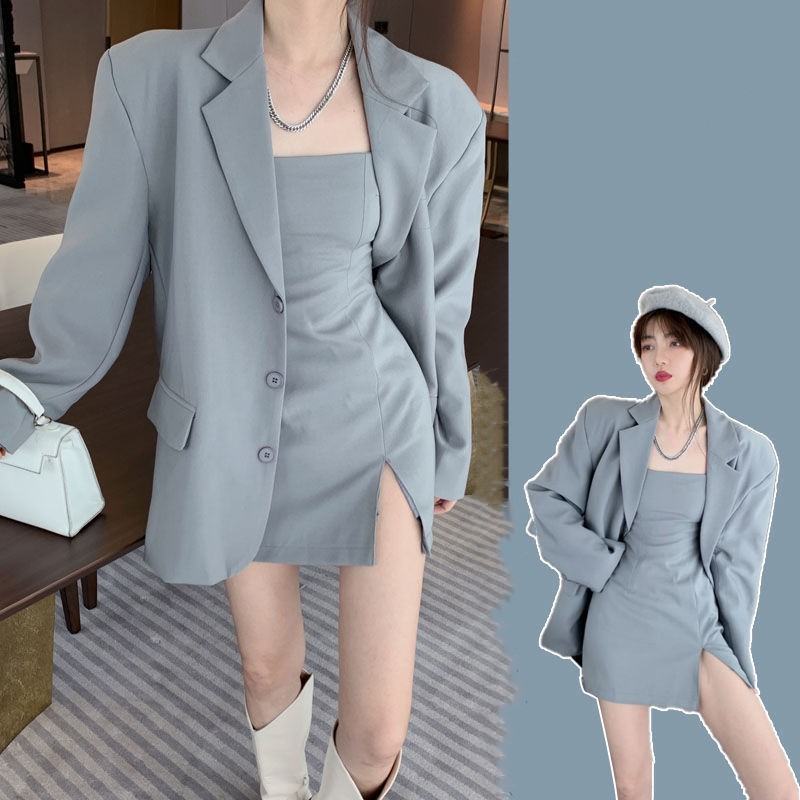 【2点セット】女っぽさが漂う 韓国系 スーツ+着痩せ Aライン スリットキャミワンピースセットアップ