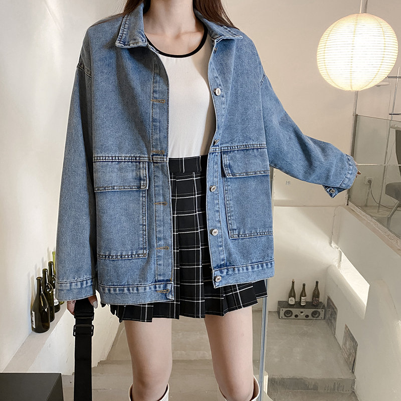 大流行新作 ファッション 韓国系 無地 シングルブレスト 折り襟 デニムジャケット