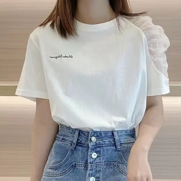 韓国で人気爆発  切り替え プリント ラウンドネック 半袖 パフスリーブ Tシャツ