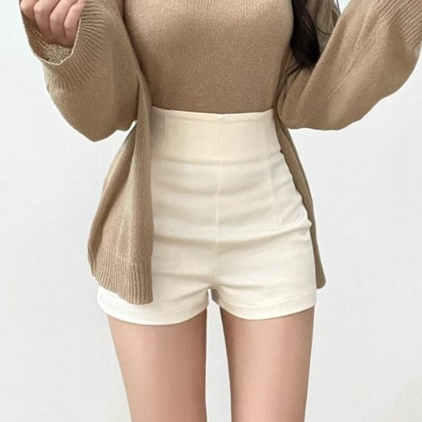 大人可愛い 着痩せ シンプル ファッション 韓国系 ファスナー ハイウエストショートパンツ