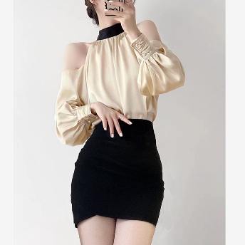 【単品注文】ファッション 配色 エレガント オープンショルダー ホルターネックシャツ+スカート 上下セットアップ