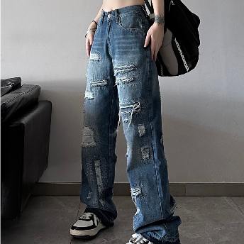 高見えデザイン 無地 透かし編み ダメージ加工 ファッション 韓国系 カジュアルジーンズデニムパンツ
