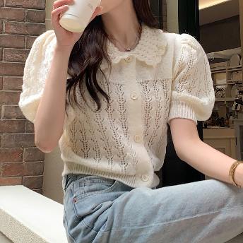 大人可愛い 韓国系 スウィート  通気性良い  ニット 透かし編み ショート丈 半袖 Tシャツ